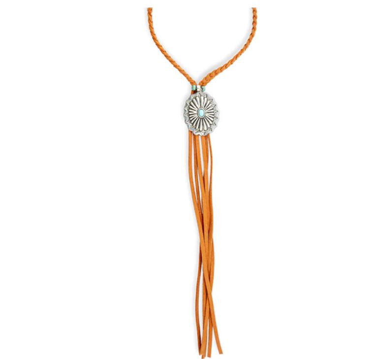 Myra Bags Skyfire Braided Leather Fringe and Concho Necklace S-8241