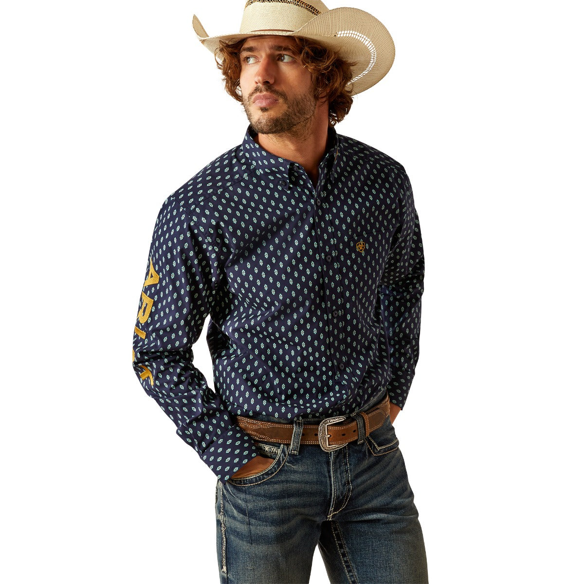 Ariat Navy/Gold Team Powell Men's Collared Fitted Longsleeve Button Front Shirt 10054727