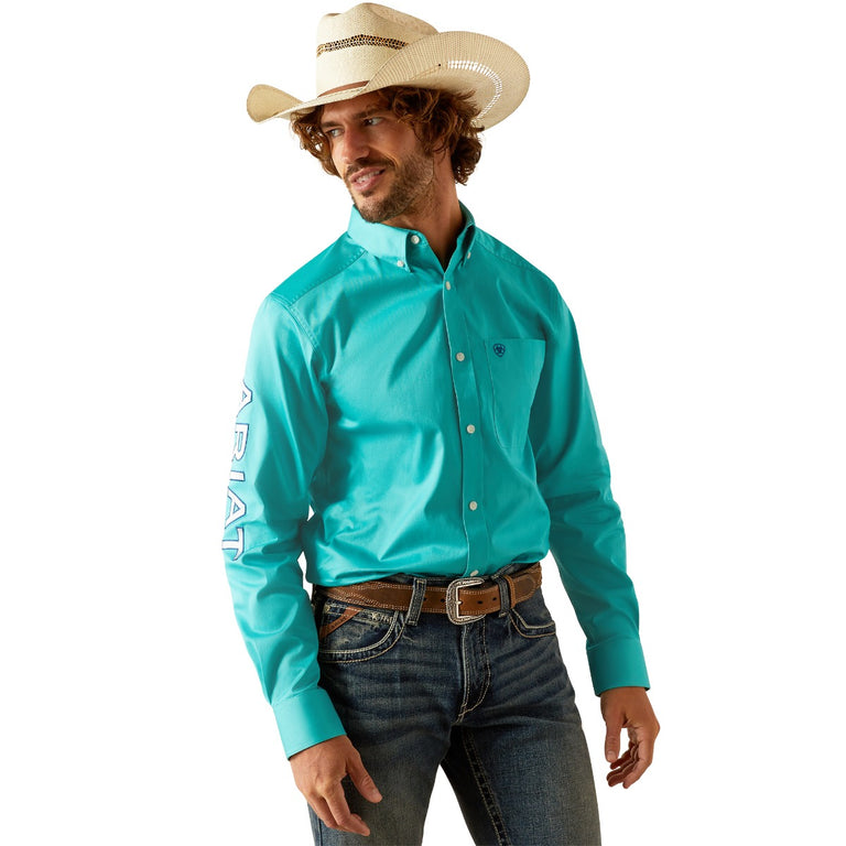 mens turquoise long sleeve dress shirt Ariat Turquoise/Blue Team Logo Men's Twill Classic Fit Collared Longsl