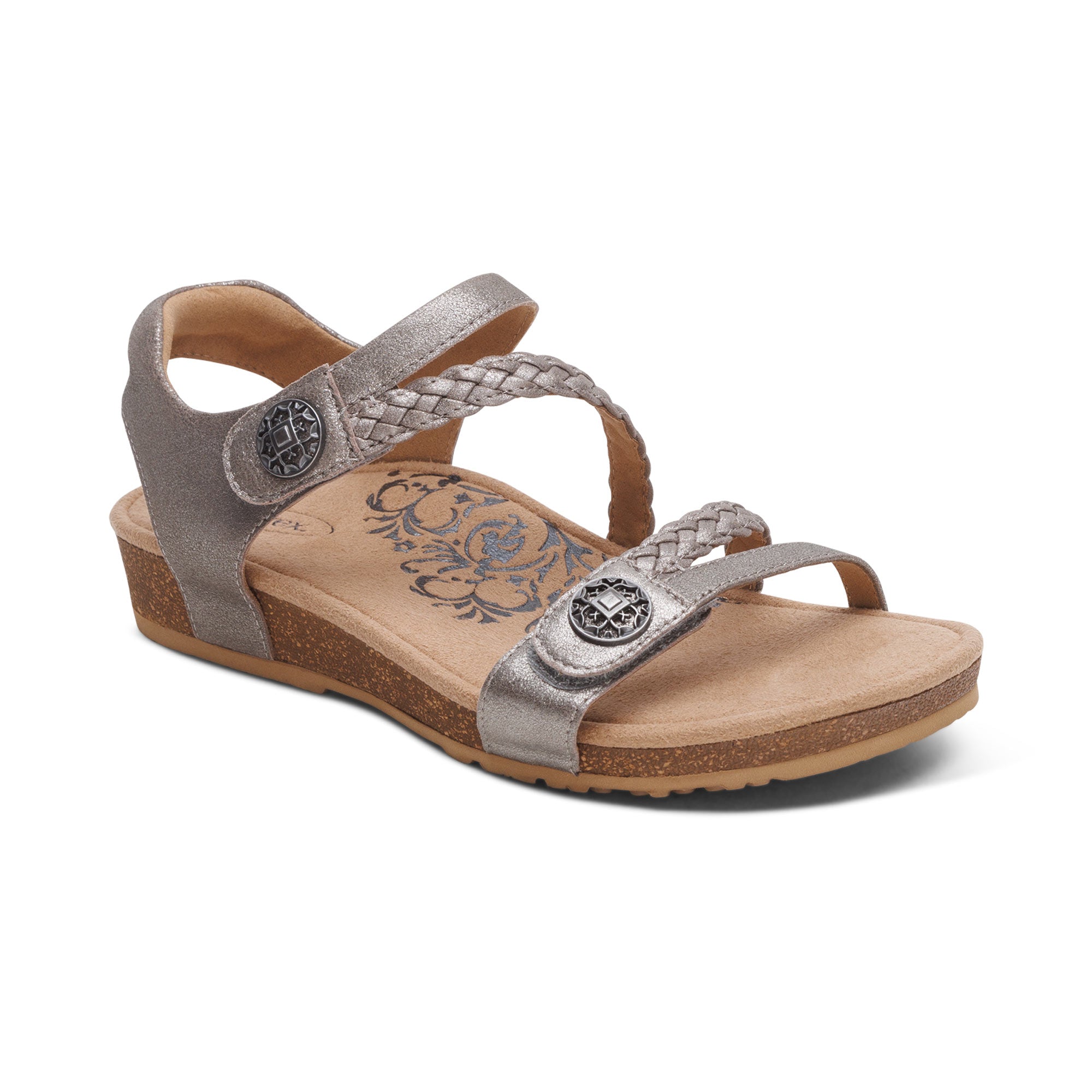 Aetrex Brushed Silver Jillian Women's Braided Quarter Strap Sandals SC367