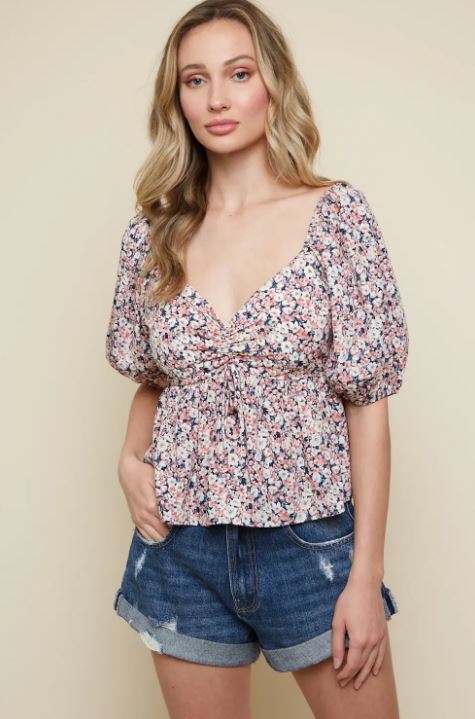Saints and Hearts Navy and Mauve Floral Printed V-Neck Shirring Top ST3414B