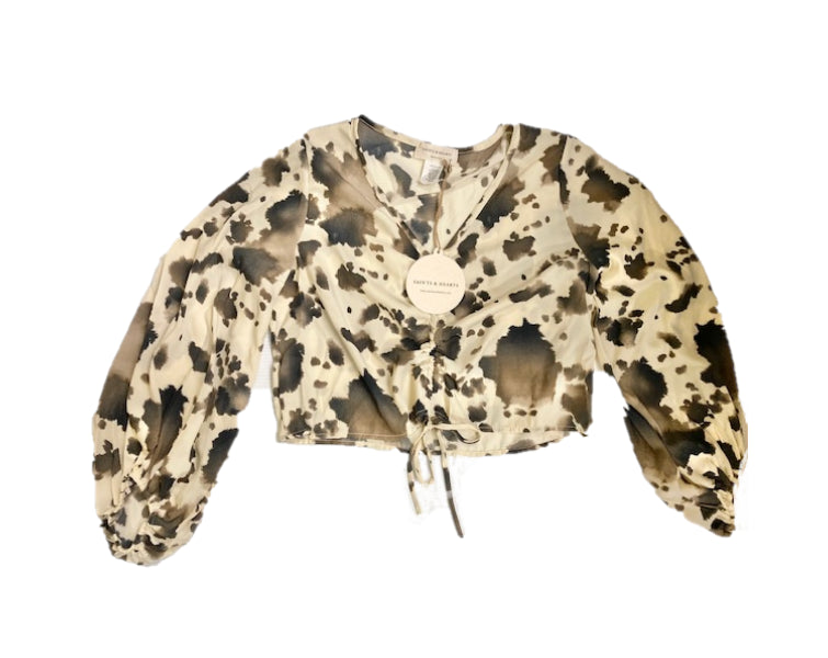 Saints and Hearts Cowprint Ruched Cinch Front Crop Longsleeve Top ST3523A
