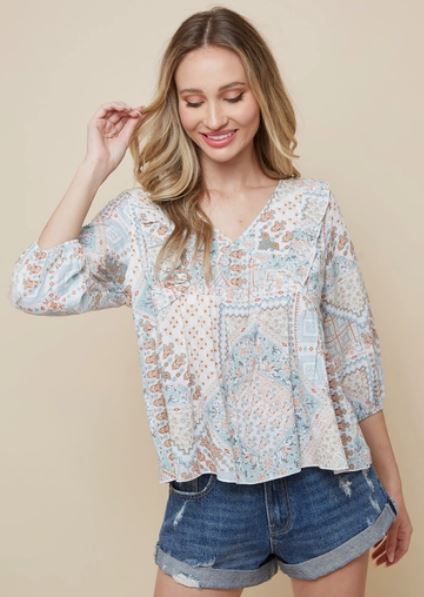 Saints & Hearts Light Blue Pattern Peasant Top ST3529A