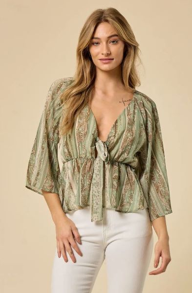 Saints and Hearts Sage Green Print Front Tie Women's Babydoll Top ST3678A