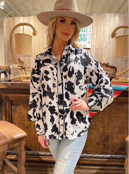 Fashion Express Black and White Cow Print Womens Longsleeve Snap Shirt T1126