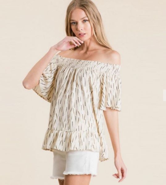 Veveret Cream with Black Design Off Shoulder Womens Top for Curvy Sizes T52280PL
