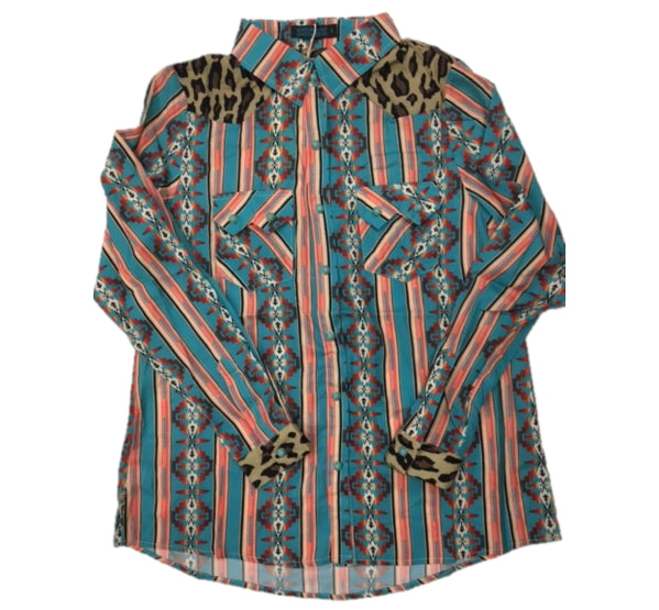 Fashion Express Multicolored Stripes, Aztec Print and Leopard Womens Long Sleeve Snap Shirt T966