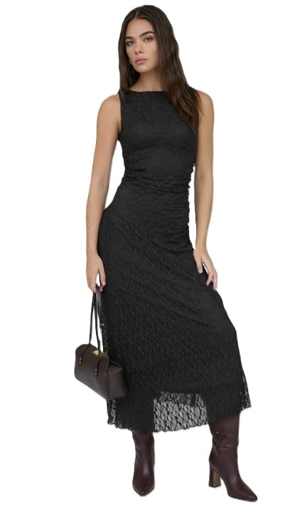Blu Pepper Black Lace Ruched Women's Midi Sleevess Dress with Allover Lace TW2299-BLACK