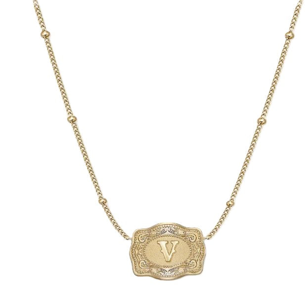 Spurwest Gold Ultra Mini Belt Buckle Necklace Initial V