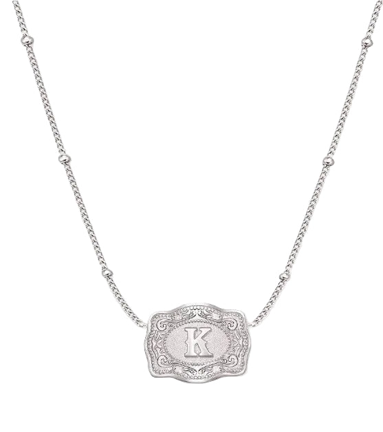 Spurwest Silver Ultra Mini Belt Buckle Necklace Initial K U-NK-SLV-BC-K
