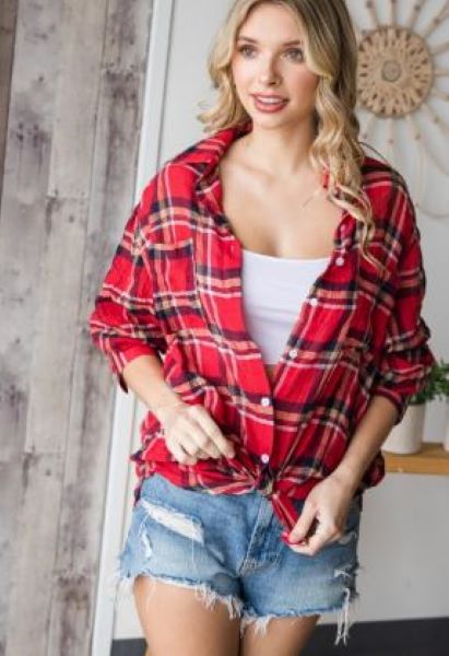 Veveret Red Gingham Checker Button Down Long Sleeve Curved Hem Shirt VJ71148