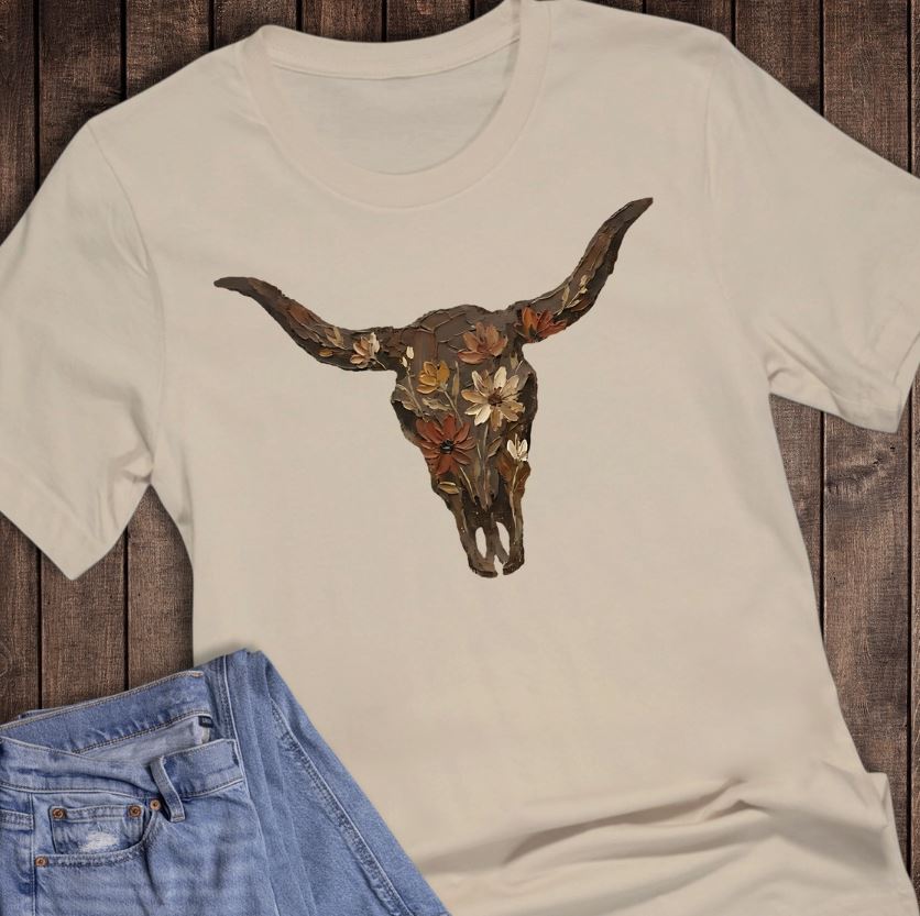 The Way Down South Cream Western Brush Stroke Floral Cow Skull Graphic T-Shirt