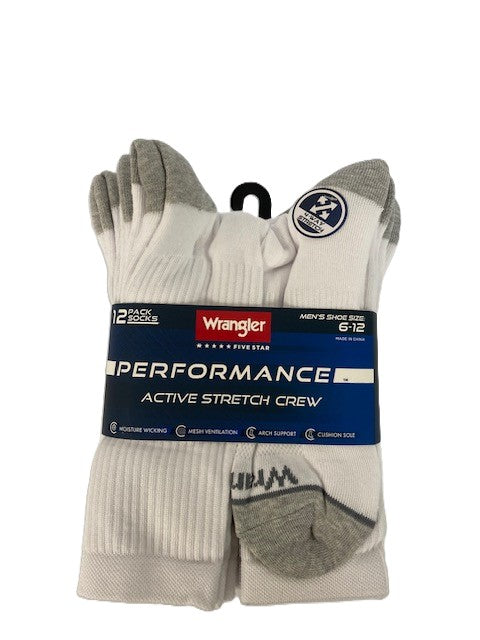 Wrangler White Performance Active Stretch Men's Crew Socks (12 pack) WFF03M21819 WHT