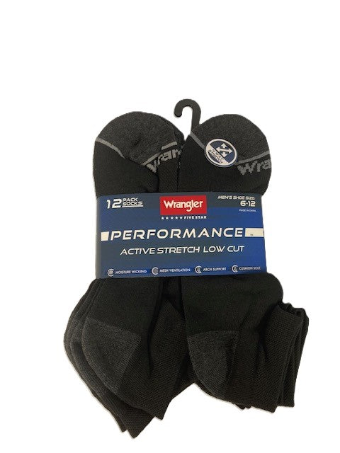 Wrangler Black Performance Active Stretch Low Cut Men's Socks (12 pack) WFF03M2849-BLK