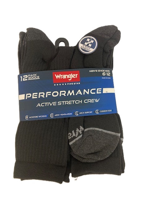 Wrangler Black Performance Active Stretch Crew Men's Socks (12 Pack) WFFO3M2819 BLK