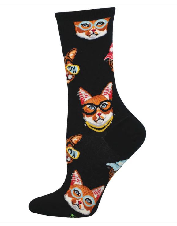 Socksmith Black One Cool Cat Women's Crew Socks WNC3519-BLK