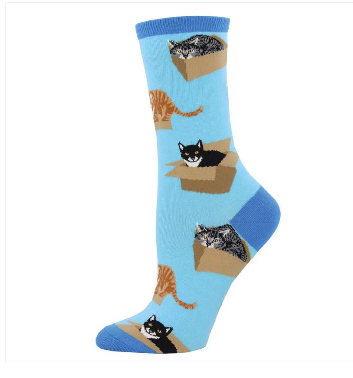 SockSmith Blue Cat In A Box Women's Crew Socks WNC765-AZU