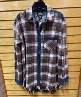 Angie Ladies Maroon Plaid Button Up Top Fringe Hem Embroidery  X2AB1-PLD